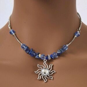Silver and Blue Sun Pendant Necklace with Stone Beads